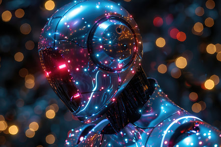 3d rendering humanoid robot with colorful bokeh lights on backgroundの素材