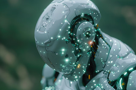 3d rendering humanoid robot in green light bokeh background.の素材