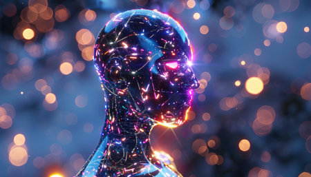 Cyborg mannequin head with glowing neon lights. 3D renderingの素材