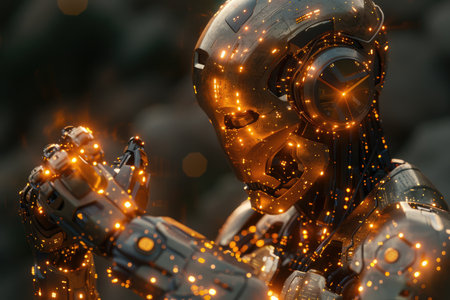 3D rendering of a female robot with glowing lights on the backgroundの素材