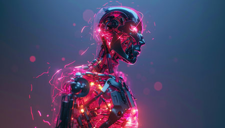 Cyborg woman with glowing neon lights on her head. 3D renderingの素材