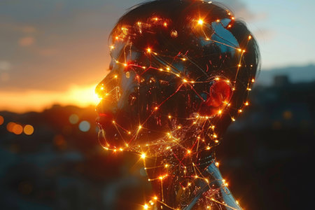 Double exposure of human head with glowing lines and bokeh effectの素材