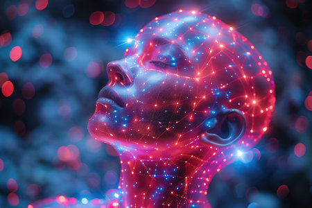 3d illustration of human head with glowing brain, artificial intelligence conceptの素材