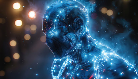 3D rendering of a female robot with glowing lights in the backgroundの素材