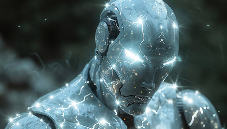 Cyborg with glowing head 3D rendering on a dark background.の素材