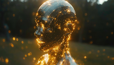 Artificial intelligence concept. Futuristic robot head with glowing lights. 3d renderingの素材