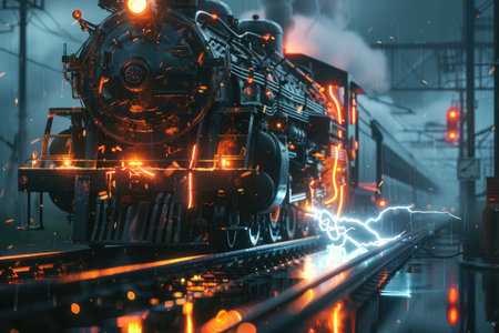 The steam locomotive in the smoke at night. 3d renderingの素材
