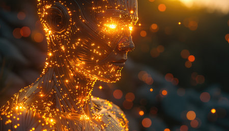 3d illustration of a female robot with golden lights on her headの素材