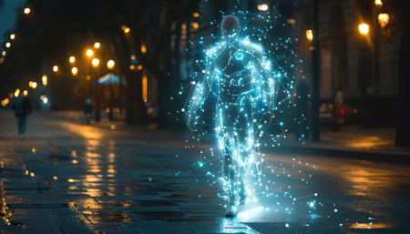 Cyber security concept with glowing human figure on city street at nightの素材
