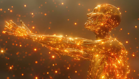 3D Illustration of a Cyber Woman with Glowing Particlesの素材