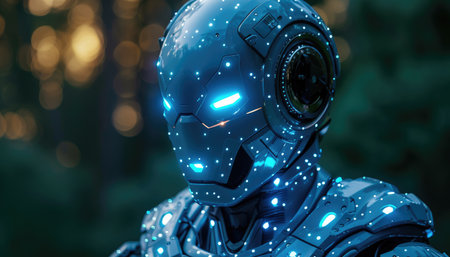 3D rendering of a male robot with neon lights on his faceの素材