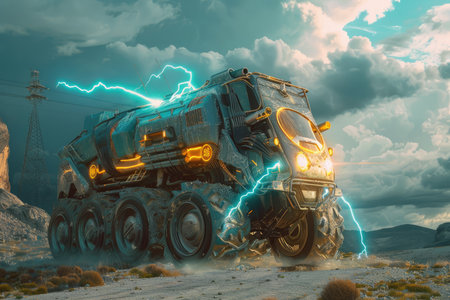 Futuristic alien spaceship in the desert. 3D Renderingの素材