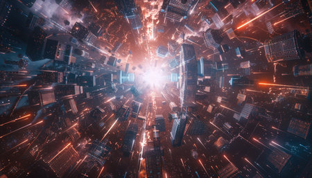 3D rendering of abstract technology digital hi-tech concept with glowing particlesの素材