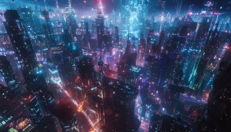 3D illustration of a futuristic city at night with neon lights and reflectionsの素材