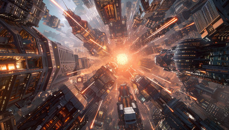 3D rendering of a futuristic city with skyscrapers and high buildingsの素材