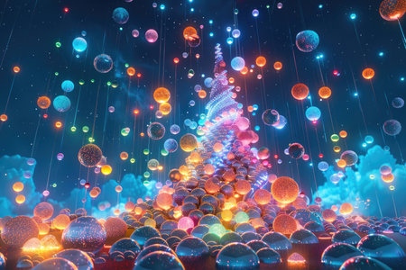 Christmas tree made of christmas baubles, 3d renderの素材