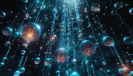 Futuristic 3d illustration of glowing particles with depth of fieldの素材