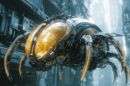 3d rendering of a futuristic robot in the streets of the cityの素材