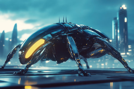 Futuristic beetle on the background of the city. 3d renderingの素材