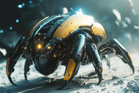 Futuristic black and yellow spider on a dark background. Close-upの素材