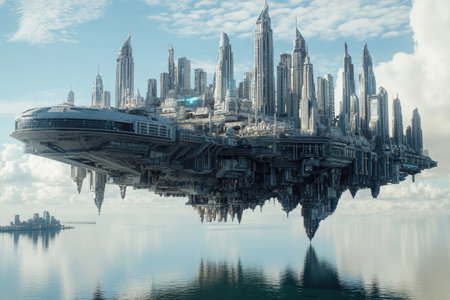 Futuristic city with skyscrapers and reflection in the waterの素材