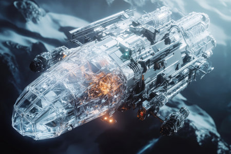 3D rendering of a spaceship in outer space. Futuristic spaceship concept.の素材