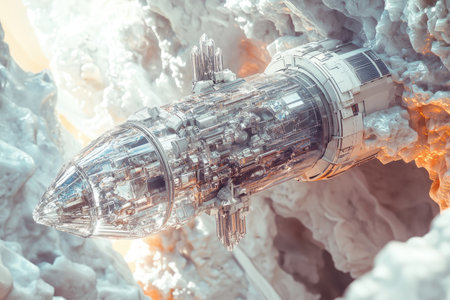 Space shuttle in space, close-up. 3D rendering.の素材