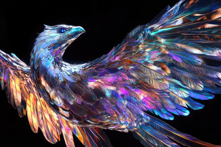 3D rendering of a fantasy winged bird isolated on black backgroundの素材