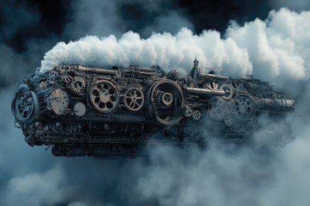 3d rendering of an old steam engine with smoke on a dark backgroundの素材