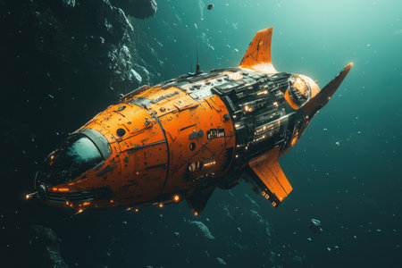 Space ship in the deep blue sea. 3d render. Fantasy.の素材