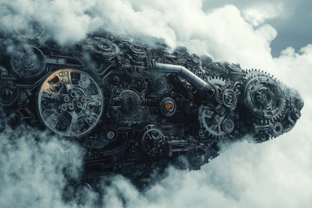 3d rendering of gears and cogwheels in the cloudy skyの素材