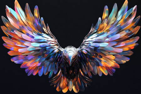Colorful bird wings isolated on black background. 3d illustration.の素材