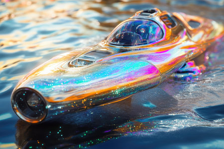 Futuristic car on water surface close-up. Abstract backgroundの素材