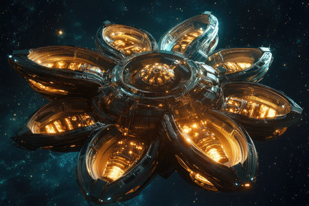 Futuristic alien spaceship in deep space, 3D rendering.の素材