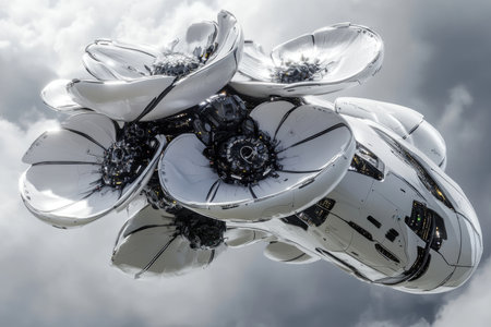 Futuristic alien spaceship in the cloudy sky. 3d renderingの素材