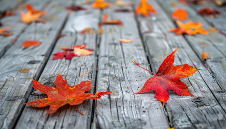 Fallen maple leaves on old wooden planks. Autumn background.の素材