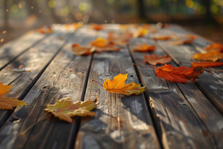 Autumn leaves on a wooden table in the park, selective focusの素材