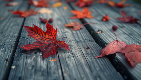 A close-up of red and orange maple leaves on an old wooden table, an autumnal scene, with a blurred background, high-resolution photography, realistic and detailed. --ar 7:4 --v 6 Job ID: dd0ff86b-f0dc-4772-8c56-4aa8293d9fadの素材
