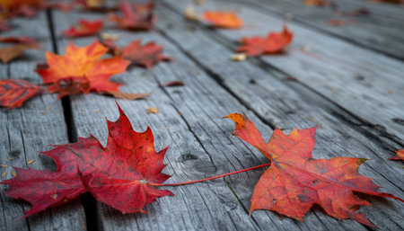 Autumn leaves on a wooden table, close-up. Realistic photograph of red and orange maple leaves lying in fallen autumn foliage on an old, rustic gray wood floor, with a blurred background. A beautiful nature scene. Autumn concept. High-resolution photography. --ar 7:4 --v 6 Job ID: d40febfc-8fa8-445f-9d1d-acb9edc47e3cの素材