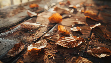 Leaves scattered on a rustic wooden table, captured in a cinematic, photographic style. The scene evokes a serene, natural atmosphere with rich textures and soft lighting. --ar 7:4 --v 6 Job ID: 5d18aa5d-f65e-4af2-a607-a40cc7770785の素材