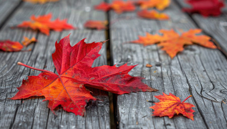 Autumn leaves on a wooden table, close-up. Realistic photograph of red and orange maple leaves lying in fallen autumn foliage on an old, rustic gray wood floor, with a blurred background. A beautiful nature scene. Autumn concept. High-resolution photography. --ar 7:4 --v 6 Job ID: d40febfc-8fa8-445f-9d1d-acb9edc47e3cの素材