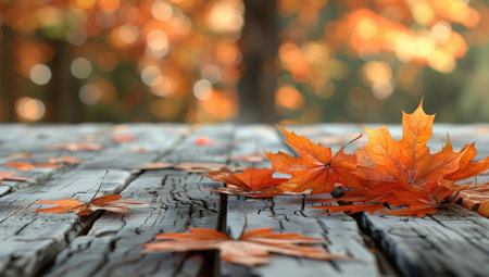 Autumn leaves on old wooden table with bokeh background.の素材