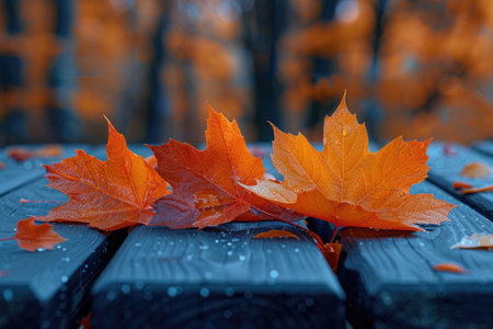 Autumn maple leaves on a wooden bench in the park. Selective focusの素材