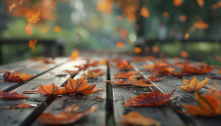 Autumn leaves on a wooden bench in the park. Autumn conceptの素材