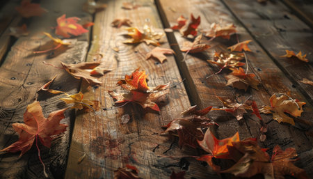 Autumn leaves on a wooden table. Fallen leaves on a wooden backgroundの素材
