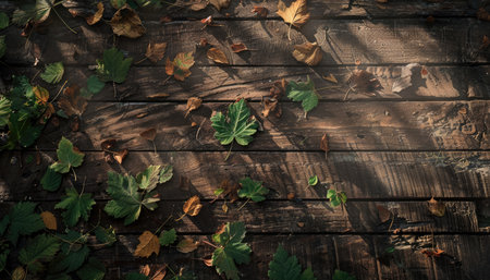 Autumn leaves on old wooden background, top view, copy spaceの素材