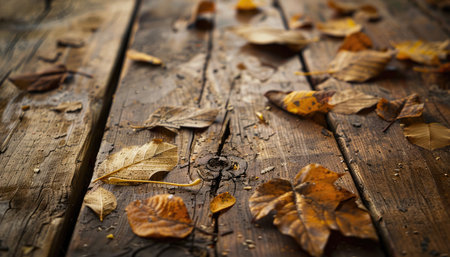 Fallen leaves on a wooden background. Autumn background. Selective focus.の素材