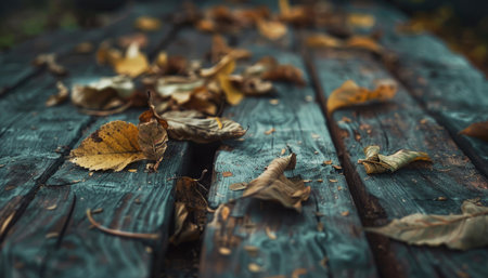 Fallen leaves on a wooden table in the park. Selective focus.の素材