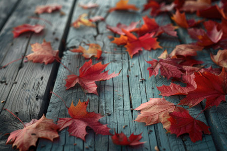 Autumn leaves on old wooden background. Fall concept. Selective focus.の素材