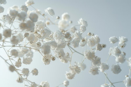 White gypsophila flowers on white background, soft focus.の素材